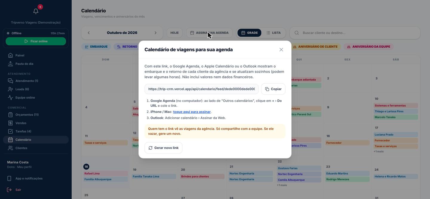 Janela Assinar na agenda com o link do calendário de viagens e as instruções para Google Agenda, iPhone e Outlook